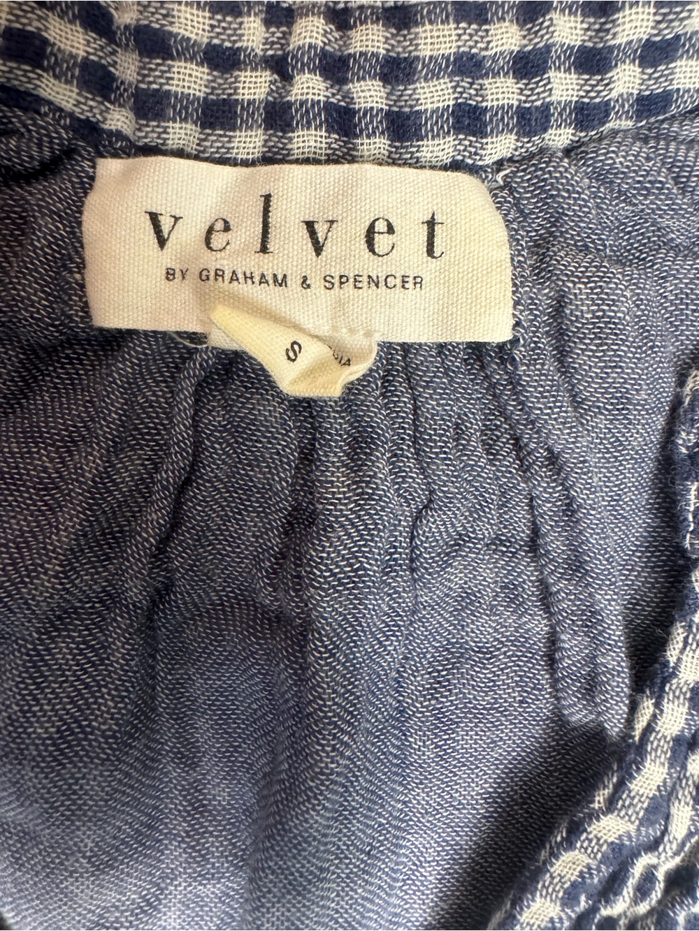 Velvet Graham & Spencer Blue Gingham Cotton Ruffle Neck Blouse S - Picture 4 of 6